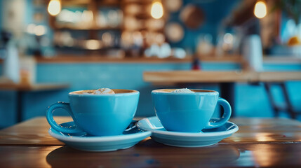 Cozy coffee shop atmosphere with two blue cups. Warm inviting atmosphere