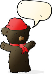 cartoon cute black bear in hat and scarf with speech bubble