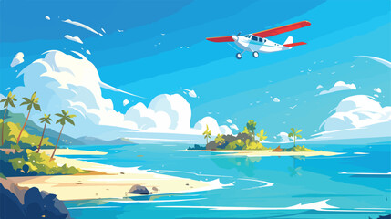 Scene with airplane flying over island illustration