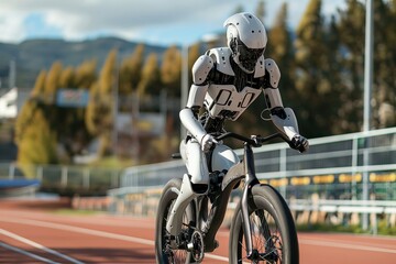 A humanoid robot riding a bicycle on a sports track, showcasing advanced robotics and AI integration in sports technology.