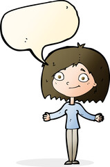 cartoon woman shrugging shoulders with speech bubble