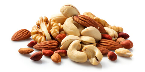 A bunch of different types of nuts. Almonds, cashews, walnuts and peanuts on a white background. - Powered by Adobe