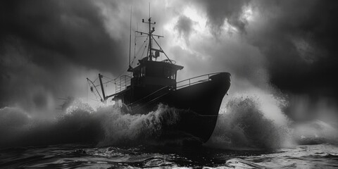 A black and white photo of a boat in the ocean. Suitable for travel brochures