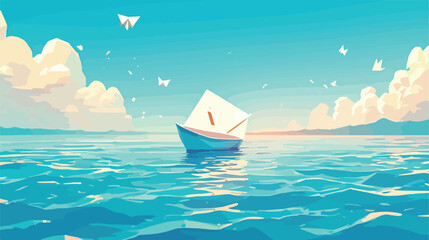 Scene with paperboat in the sea illustration 2d fla