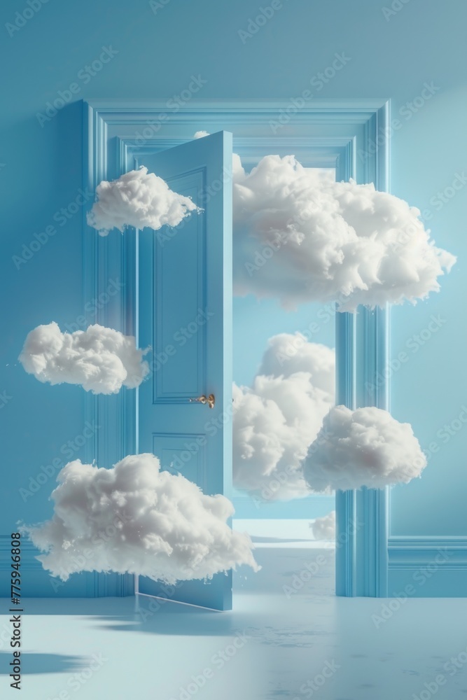 Poster a room with a door and a bunch of clouds in the air. suitable for various creative projects