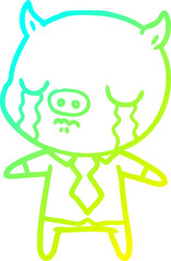 cold gradient line drawing of a cartoon pig crying wearing shirt and tie