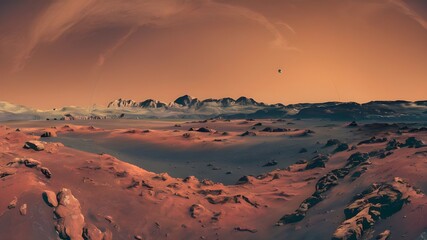 high-resolution HDRI environment map of Mars features a spherical panorama captured in equidistant projection, providing a 360-degree view of the Martian landscape.