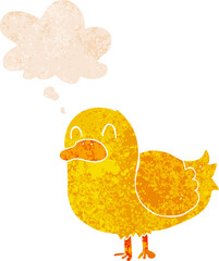 cartoon duck with thought bubble in grunge distressed retro textured style