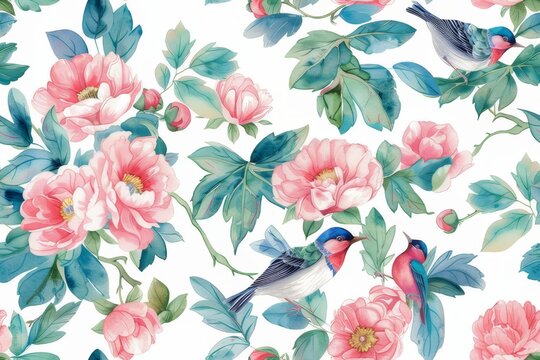 Seamless vintage watercolor with peonies and birds.