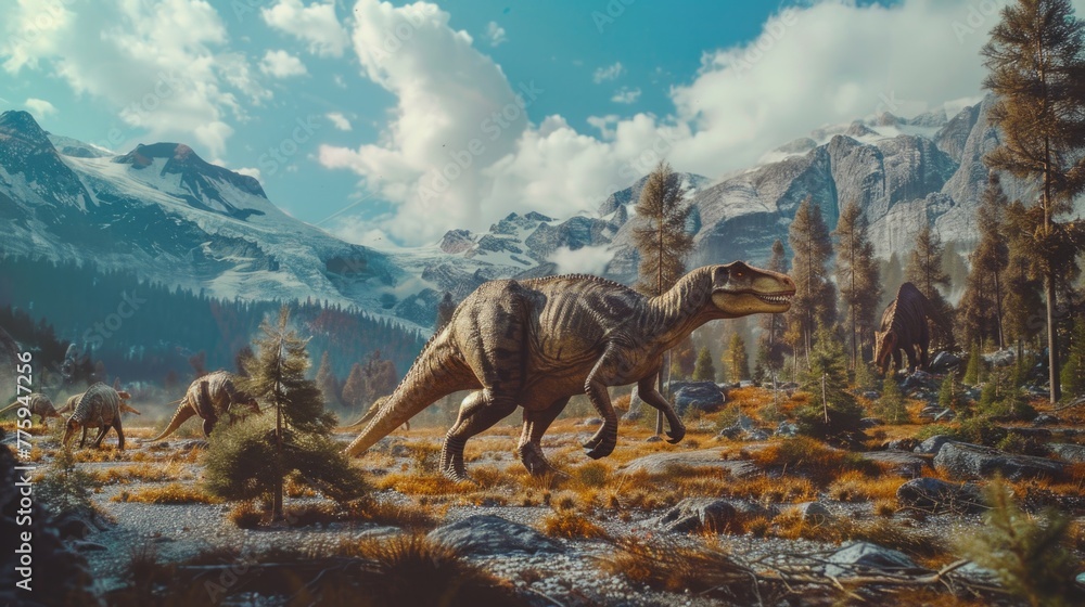 Poster Group of dinosaurs in a field with mountains in the background. Suitable for educational projects