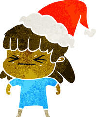 hand drawn retro cartoon of a woman wearing santa hat