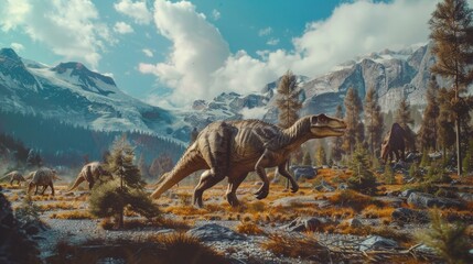 Group of dinosaurs in a field with mountains in the background. Suitable for educational projects