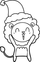 laughing lion hand drawn line drawing of a wearing santa hat