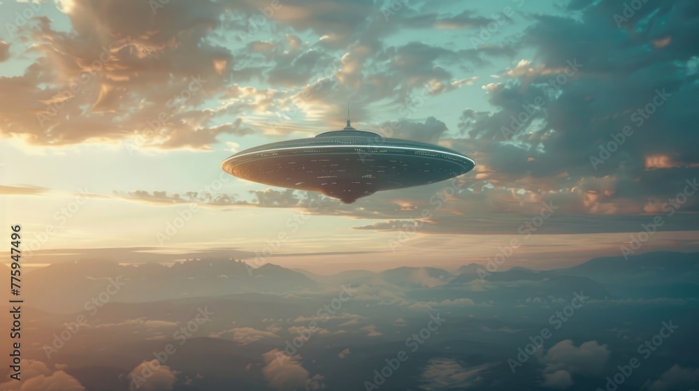 Poster a mysterious flying object soaring over majestic mountains. perfect for sci-fi or fantasy themed pro