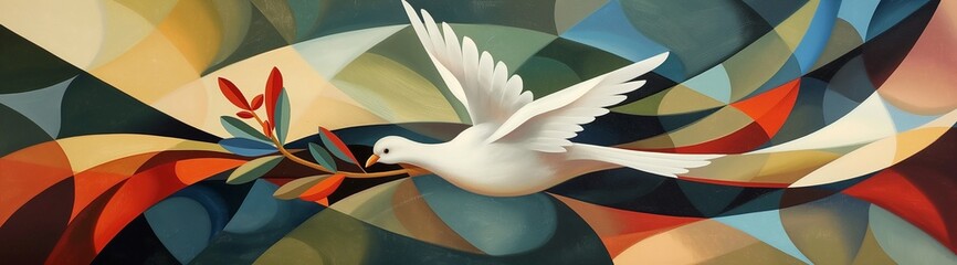 Colorful flying dove of peace illustration, beautiful painting of a white bird and olive tree branch, mixed colors and curves pattern, nice dynamic artwork, abstract cubist art style design background - obrazy, fototapety, plakaty