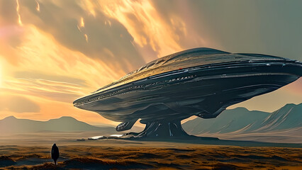 Alien spaceship landing on Earth. Unidentified flying object - UFO. - obrazy, fototapety, plakaty