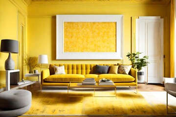 A vibrant yellow living room with a patterned rug and a blank white empty frame.