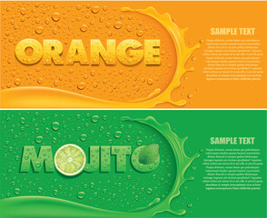 many fresh drops on orange and green backgrounds with splash, orange and lime slice, mint leaf	