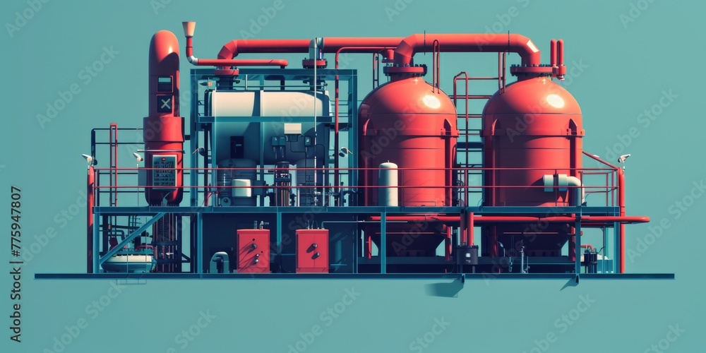 Poster a large red machine sitting on top of a building. suitable for industrial concepts