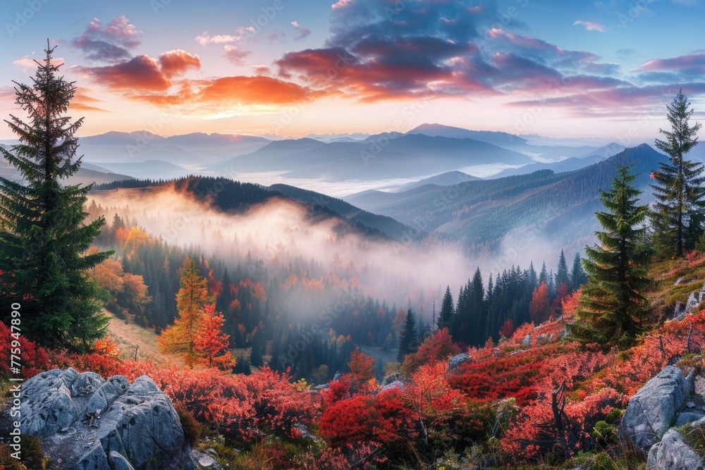Aufkleber Scenic view of a mountain range with trees in the foreground. Suitable for travel and nature themes