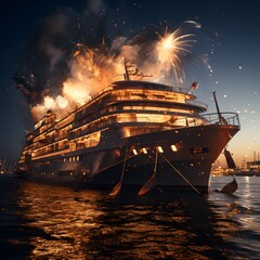 Cruise ship in the sea with firework at night. 3d rendering