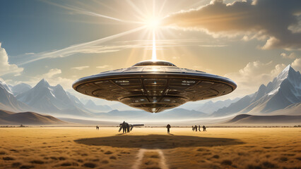 Alien spaceship landing on Earth. Unidentified flying object - UFO. - obrazy, fototapety, plakaty
