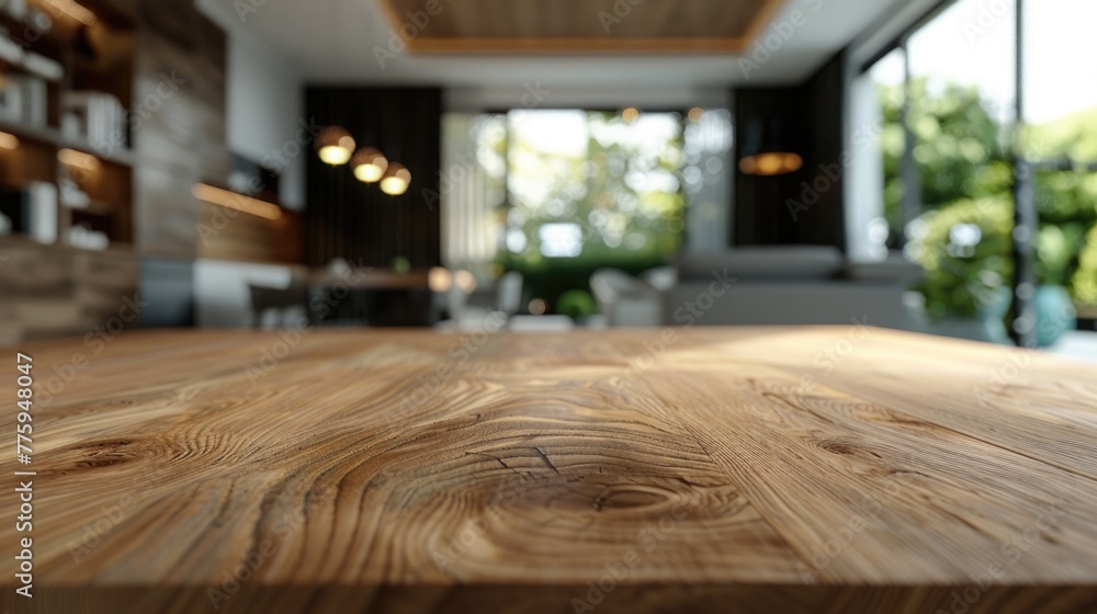 Poster a wooden table placed in front of a window. ideal for home decor concepts