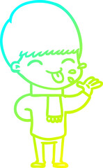 cold gradient line drawing of a cartoon boy sticking out tongue