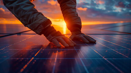 A technician in red gloves installing photovoltaic solar panel system on the rooftop durinng sunset time. Alternative energy concept. - obrazy, fototapety, plakaty
