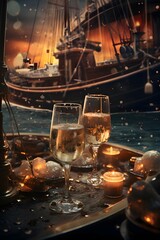 Christmas card with two glasses of champagne on the background of a sailing ship