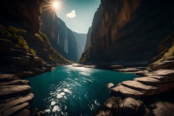 A river flowing through a rugged canyon, with steep cliffs towering on either side, creating a dramatic and majestic landscape. - obrazy, fototapety, plakaty