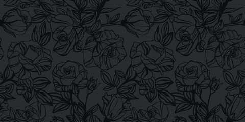 Seamless pattern with rose flowers. Black rose background. Luxury Pattern black rose on grey background. Floral stylish dark background for textile, wrapping, wallpapers, invitation, card, package - obrazy, fototapety, plakaty