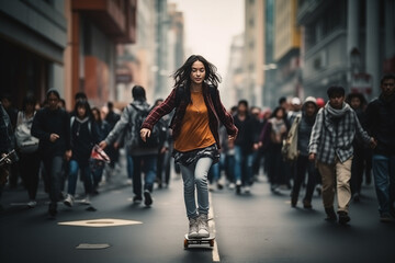 Young Woman Skateboarding Through Busy City Street at Dusk