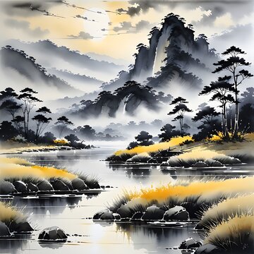 a natural landscape painted in ink-and-wash painting -Generative AI