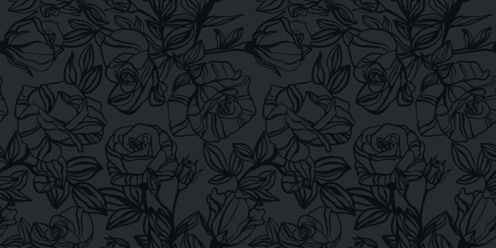 Seamless pattern with rose flowers. Black rose background. Luxury Pattern black rose on grey background. Floral stylish dark background for textile, wrapping, wallpapers, invitation, card, package