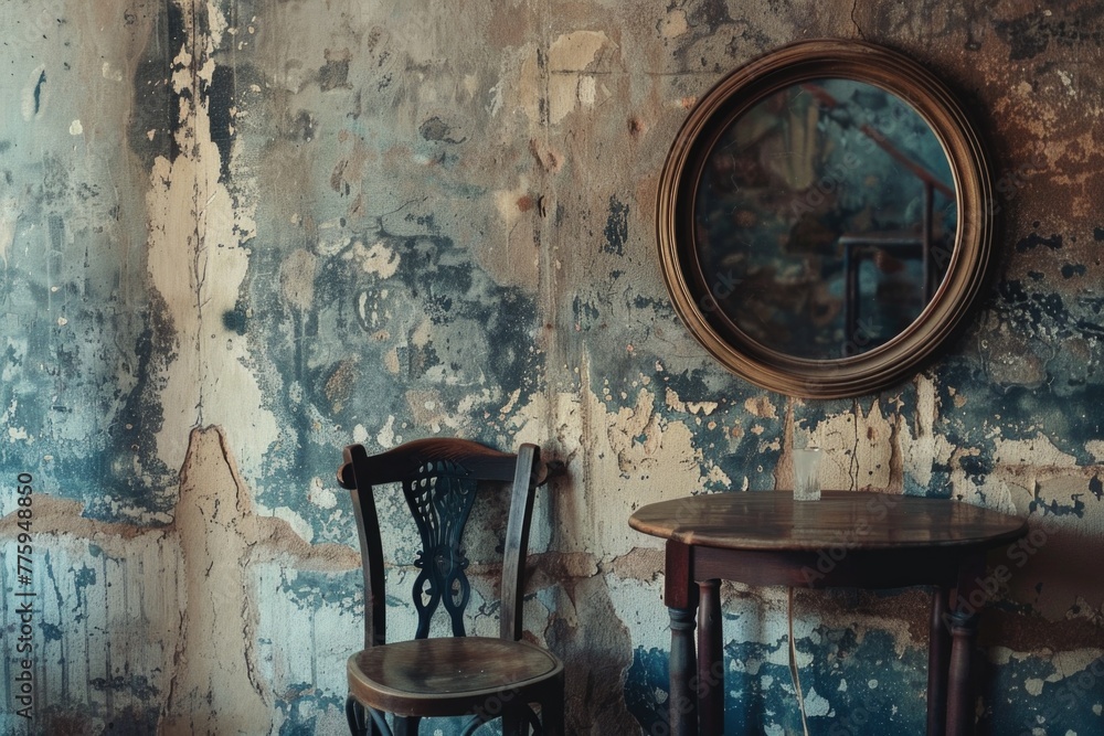 Poster a chair and table in a room with peeling paint. suitable for interior design concepts