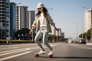 Woman having fun skateboarding