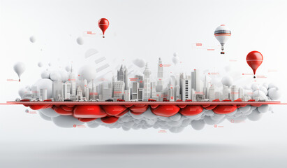 Futuristic Urban Skyline Floating Amongst Clouds and Balloons in a Dreamlike State
