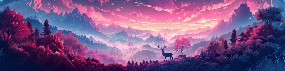 surreal pink forest landscape with majestic deer and cherry blossoms