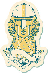 Retro Tattoo Style crying orc fighter character face with natural one d20 roll