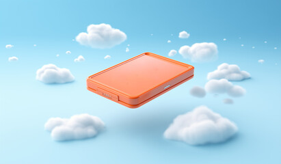 A bright orange platform floats in the sky. Surrounded by fluffy white clouds this stimulates feelings of wonder and imagination. visible air platform Indicates a great or creative idea.