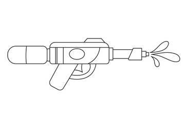 Vector plastic children's toy water gun outline icon isolated on white background. Line summer pistol for coloring books. Songkran festival traditional game illustration