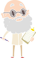 flat color style cartoon curious man with beard and sunglasses