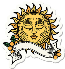 tattoo style sticker with banner of a sun