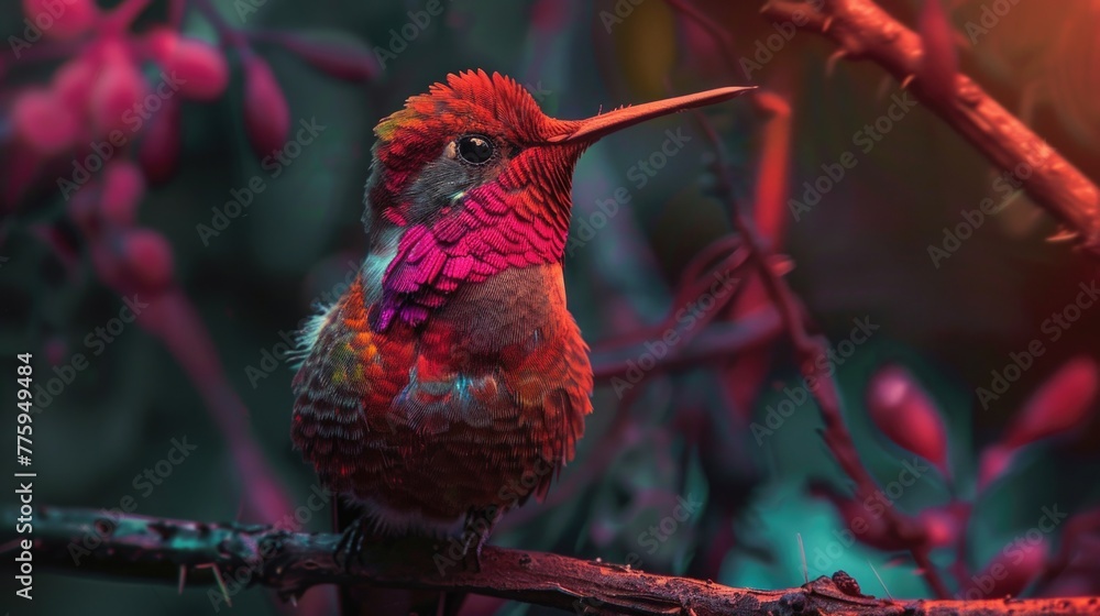 Poster a vibrant hummingbird perched on a tree branch. ideal for nature and wildlife concepts