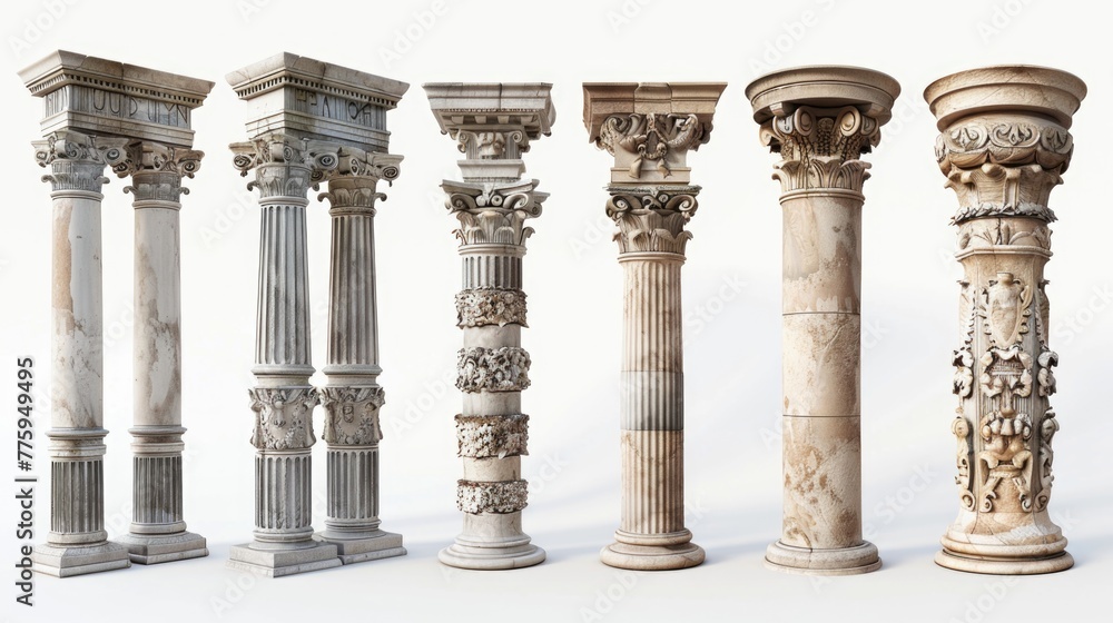 Fototapete Different types of columns displayed on a white background. Ideal for architectural design projects