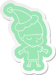 quirky cartoon  sticker of a calm boy wearing santa hat