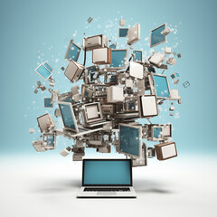 A vibrant portrayal of a laptop at the center of a dynamic burst of computer components and devices symbolizing the rapid spread of digital information and the interconnectedness