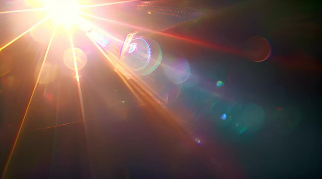Abstract sun burst digital flare iridescent glare over black background