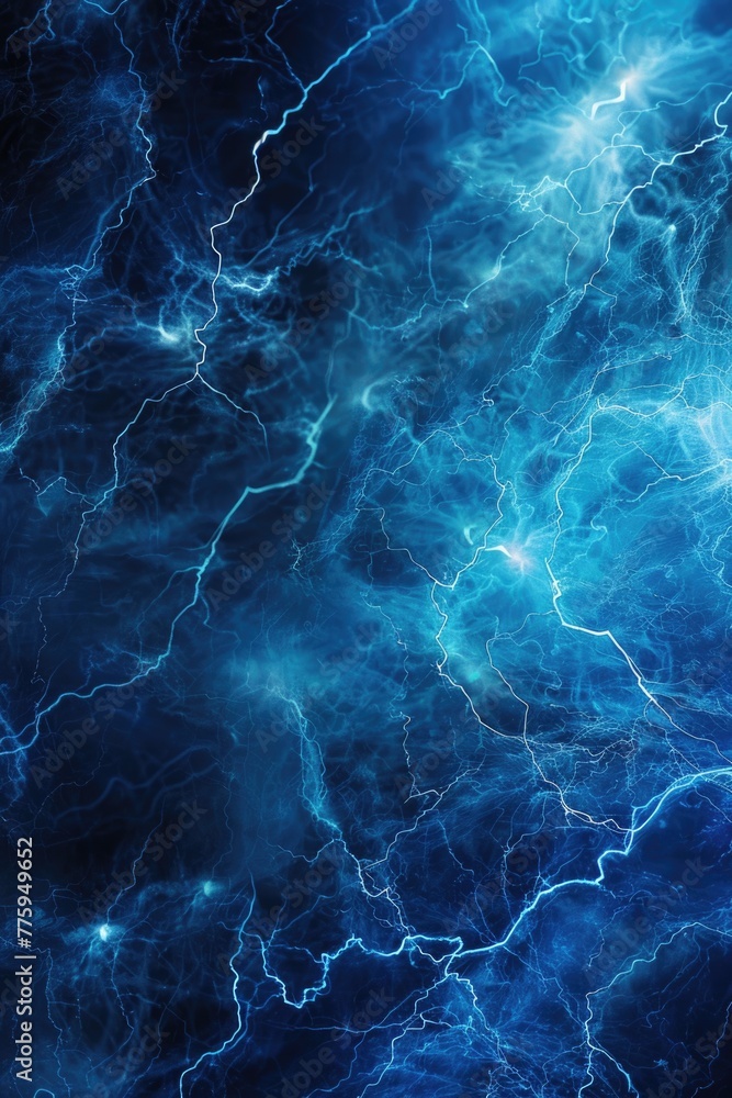 Poster A dramatic blue and black background with lightning in the sky. Perfect for adding a sense of tension and energy to your design projects